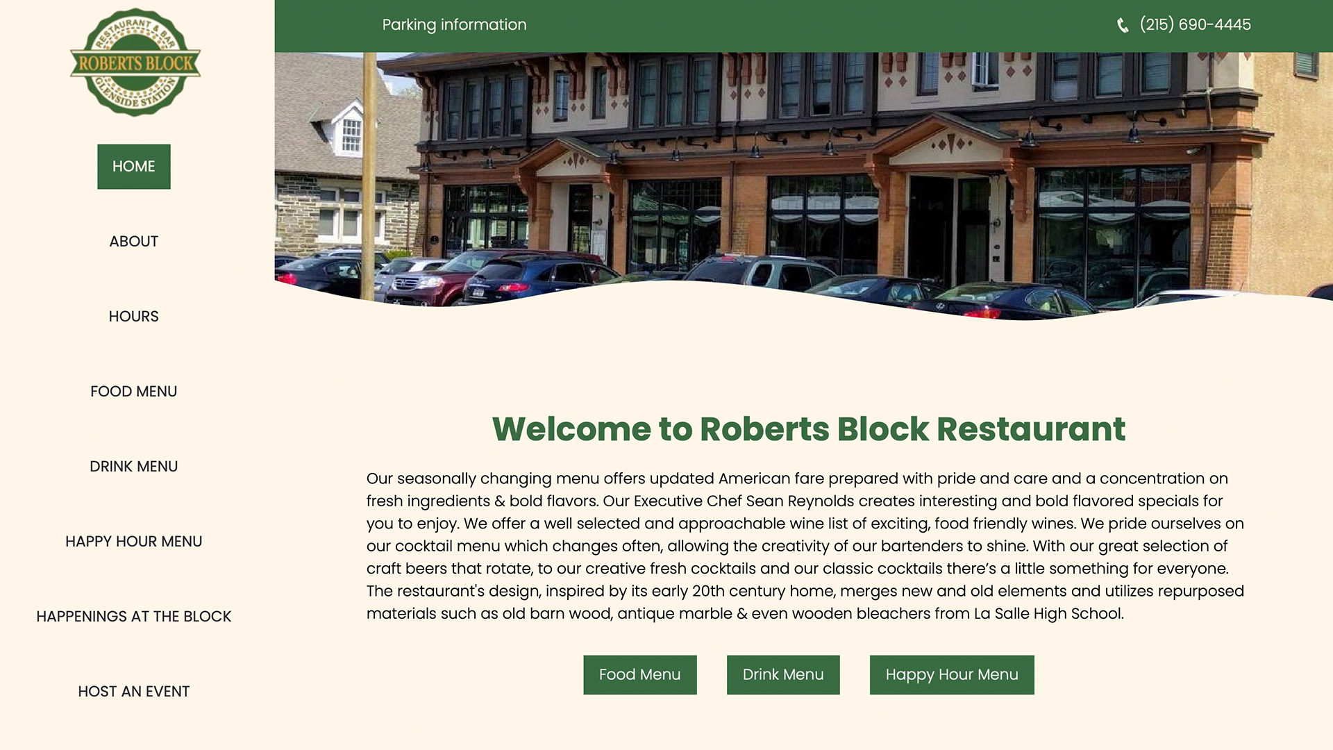 Robert's Block Restaurant homepage showcasing there menu's, events, and restaurant reviews.