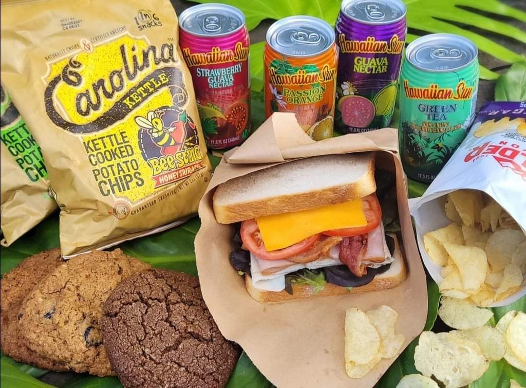 Photo of picnic basket with canned juice, chips, sandwiches, and other assorted snacks