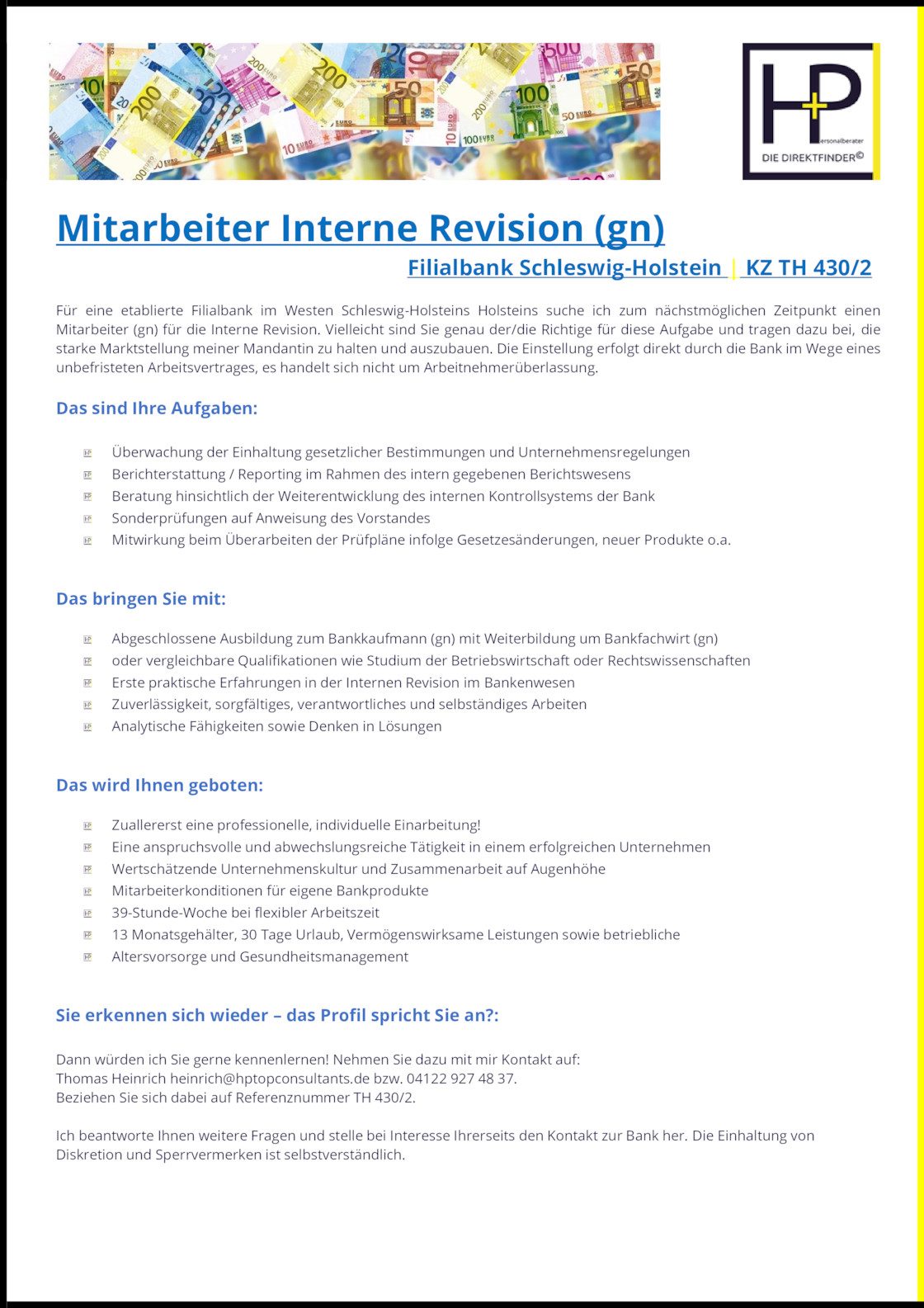 Mitarbeiter Interne Revision Filialbank Schleswig Holstein  - Stellenanzeige von Heinrich + Pilz #TH 430/2