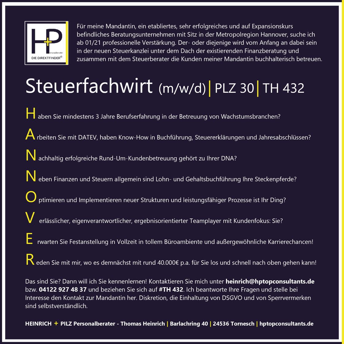 Karrierechance für Steuerprofi (gn) in Metropolregion Hannover