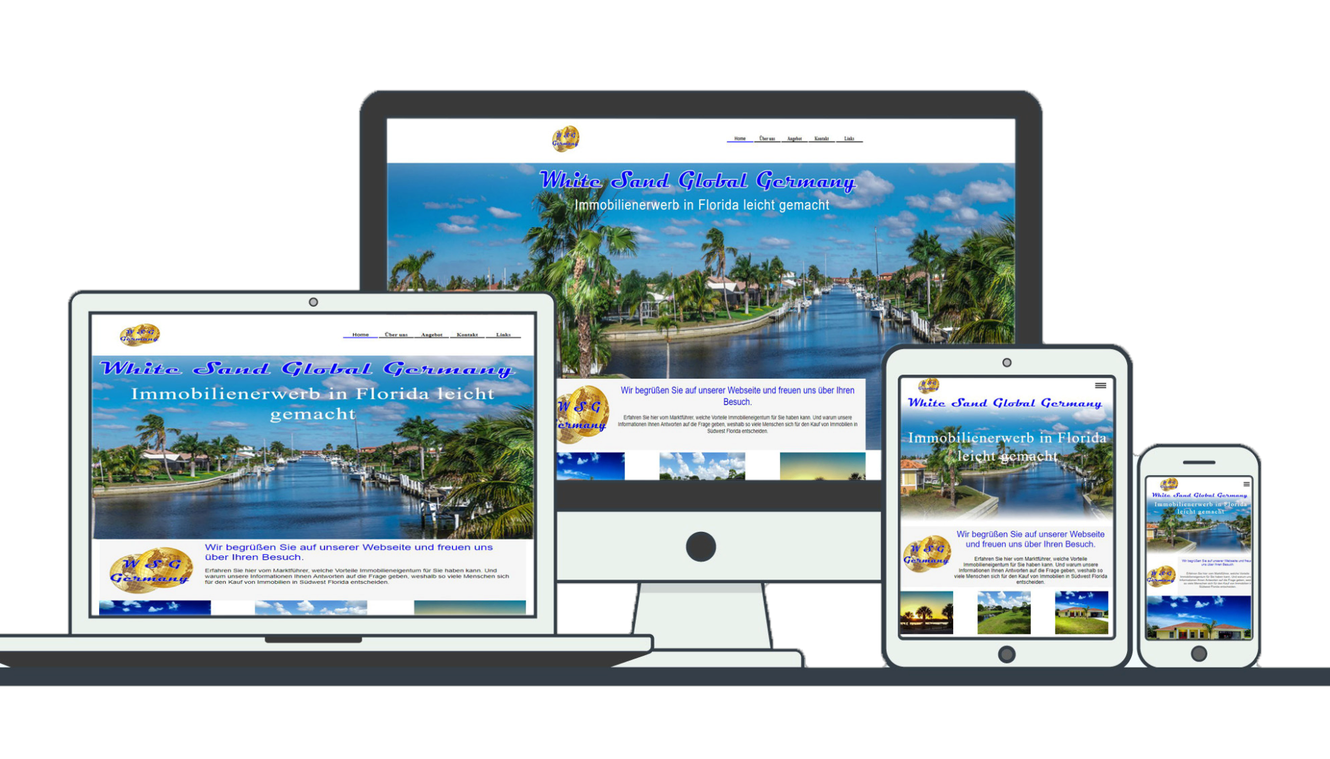 Bild mit Abbildungen von Desktop, Laptop, Tablet und Smartphone Screens mit einer Website Abbildung der WSG Germany.de