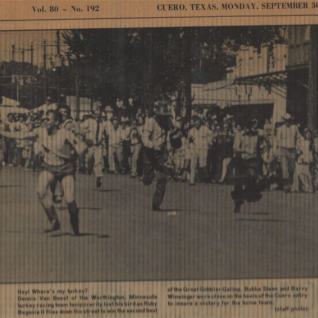 1974: Dennis Van Beest Of The Worthington Turkey Racing Team Temporarily Loses His Bird As Ruby Begonia II Flies Down The Street To Win The Second Heat Of The Great Gobbler Gallop. Bubba Steen & Barry Wineinger Follow.
