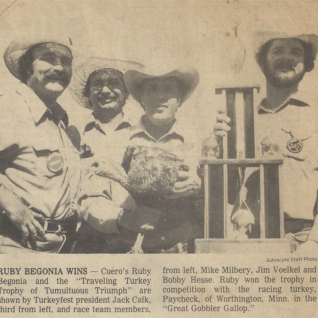 1979 Winning Race Team: Mike Milberry, Jim Voelkel, Turkeyfest President Jack Calk, Bobby Hesse, And Ruby Begonia.
