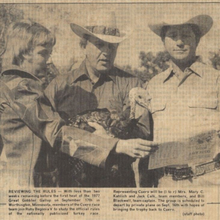 1977 Prep: Mary C. Kahlich, Jack Calk, Bill Blackwell, And Ruby Begonia Go Over The Rules Prior To The First Heat Of The Great Gobbler Gallop In Worthington, Minnesota.
