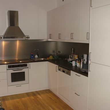 Einbauküche, weiß-hochglanz, Wandpanelle-Edelstahloptik 