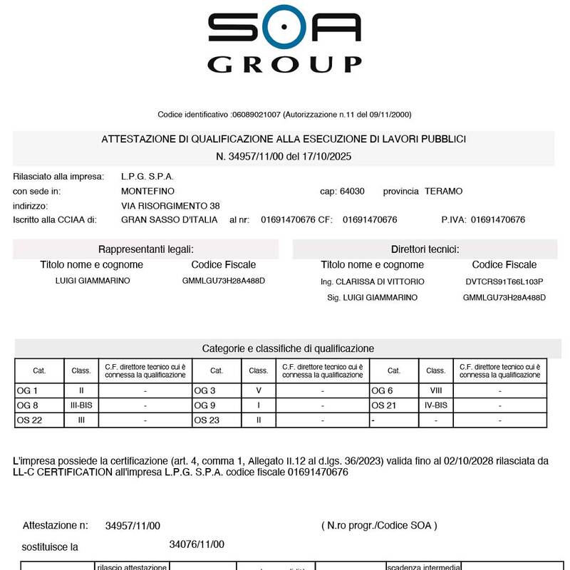 Attestazione di qualificazione alla esecuzione di lavori pubblici OG1, OG3, OG6, OG8, OG9, OG21, OG22, OG23.