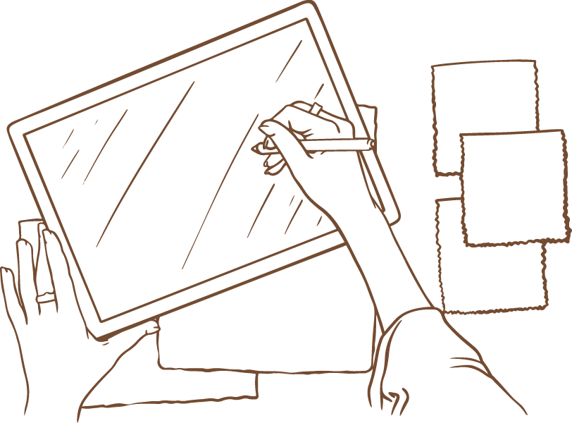 Illustration of someone drawing on an iPad with design swatches nearby