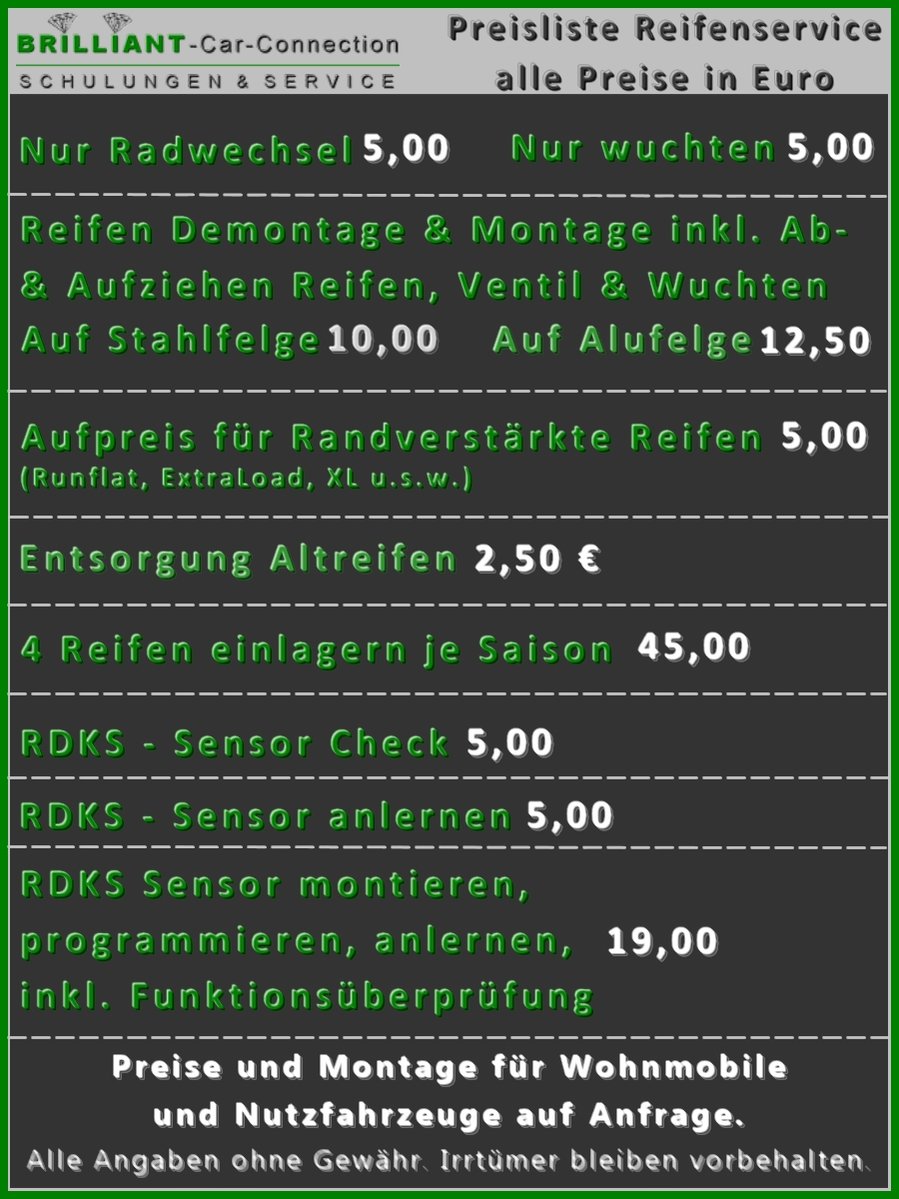 Preisliste Reifenservice