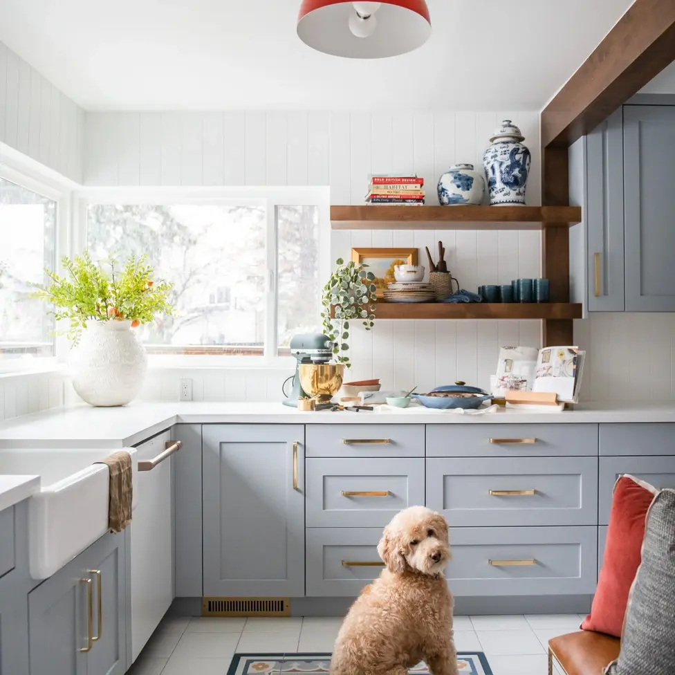 modern americana kitchen remodel with blue and red interior design accents 